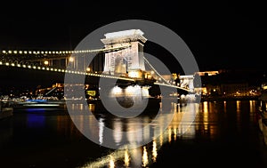 The Chain Bridge over the river Danube at Budapest by night, Hun