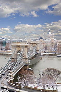 Chain Bridge and Pest skyline at day ,Budapest