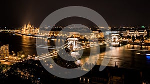 the chain bridge and river in budapest by night, seen from the top