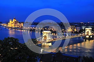 The Chain Bridge and River Danube in Budapest in the evening