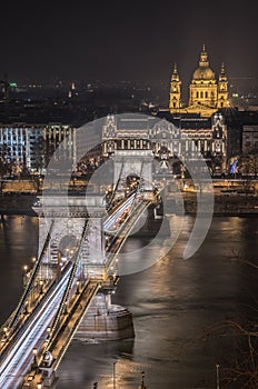 Chain Bridge and St. Stephen's Basilica in Budapest, Hungary at