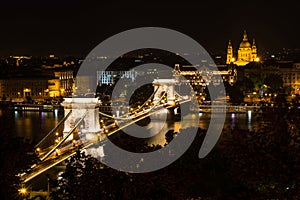 Chain Bridge and St. Stephen's Basilica at night, Budapest