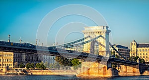 The Chain bridge at sunset in Budapest