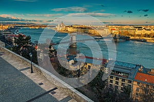 Chain bridge and waterfront buildings with beautiful view, Budapest, Hungary