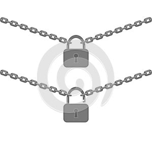 Chain and Closed Opened Lock Isolated on White Background