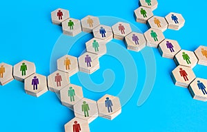 Chain of communicating people. Cooperation for solving tasks. Unity and diversity. Networking. Multiculturalism. Connecting photo