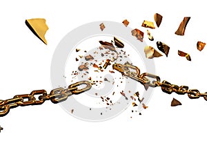 chain golden in front of fire breaking break chain horizontal silver broken shuttered pieces - 3d rendering
