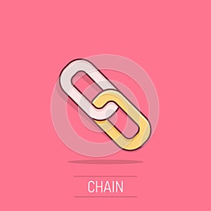 Chain icon in comic style. Network hyperlink cartoon vector illustration on isolated background. Attach splash effect business