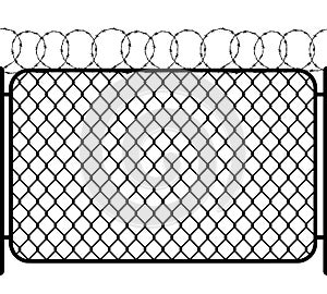 Chain link fence with barbed wire, black seamless silhouette on white