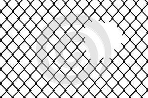 Chain link fence mesh pattern with torn metal texture and broken wire grid isolated on white background