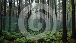 a chain-link fence stretches across forest