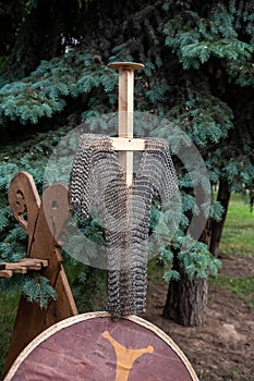 Chain mail from rings of iron original and wooden shield set of ammunition