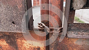 A chain on an old rusty gate. Close up. Authentically