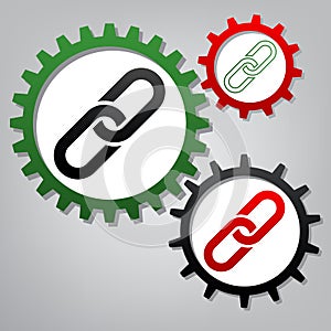 Chain sign. Vector. Three connected gears with icons at grayish