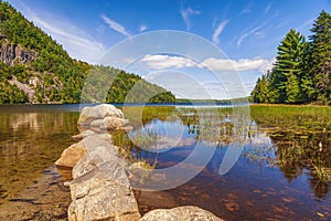 Chain of stones on Jordan Pond.Acadia National Park.Maine.USA