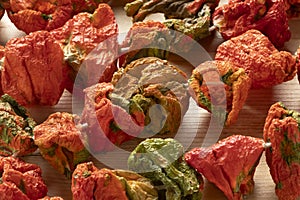 Chain of Turkisch sun dried peppers, Biber Kurusu close up photo
