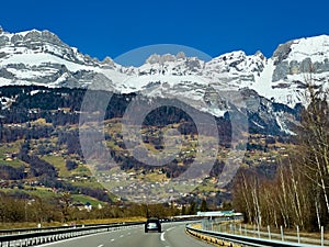 Chaine des Aravis mountains and Cordon village from A40