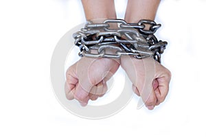Chained lady hands on white background, Human rights violations concept