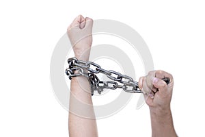 Chained lady hands on white background, Human rights violations concept