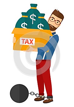 Chained man with bags full of taxes