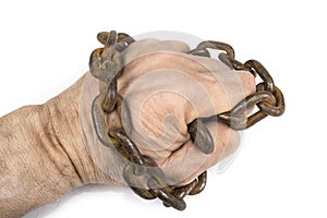 Chained man hand on a white. Freedom concept
