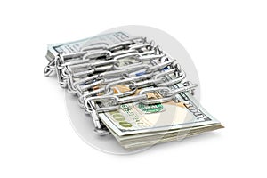 Chained stack of dollar bills by metal chain on white. Security and protection money concept