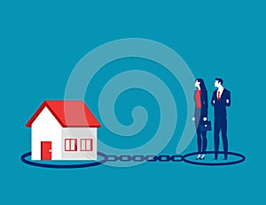 Chained to a house burdened by mortgage payment. Business borrowing vector illustration photo