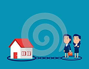 Chained to a house burdened by mortgage payment. Business borrowing vector illustration