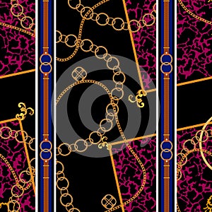 Chains and belts patch on spotted animal background. Vector seamless pattern for fabric, scarf