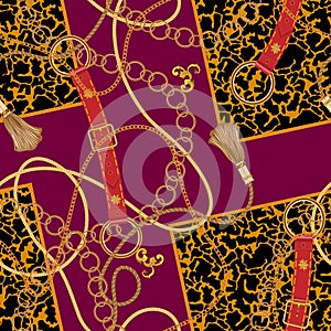 Chains and belts on spotted animal background. Vector seamless pattern for fabric, scarf