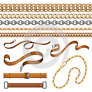 Chains and braids. Bracelets leather belts and golden furniture elements, ornamental jewellery set. Vector fabric and