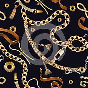 Chains and braids seamless pattern. Golden embroidery and ornamental wallpaper with leather belt. Vector realistic