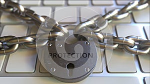 Chains and lock with PROTECTION text on the computer keyboard. Conceptual 3D rendering