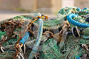 Chains and ropes of a fishing trawl..