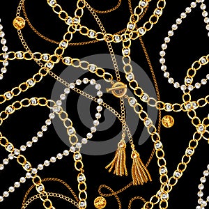 Chains Seamless Pattern. Gold Chains Pattern. Black Background.