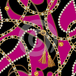 Chains Seamless Pattern. Gold Chains Pattern. Black Pink Background.