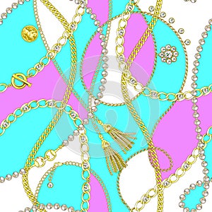 Chains Seamless Pattern. Gold Chains Pattern. Pink Background.