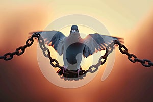Chains undone Pigeon shadow escapes, symbolizing freedom in the morning light photo
