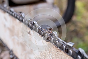 Chainsaw blade cutting log of wood