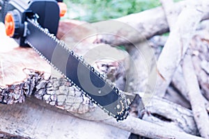 Chainsaw Chain and chainsaw tire. Cutting teeth of the chain. Wood