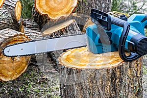 Chainsaw. Close-up of woodcutter sawing chain saw. Close up professional chainsaw blade cutting log of wood. Chainsaw bar