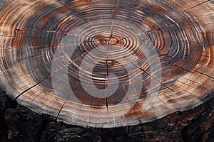 Chainsaw cut wood circle with textured grain pattern, a rustic marvel
