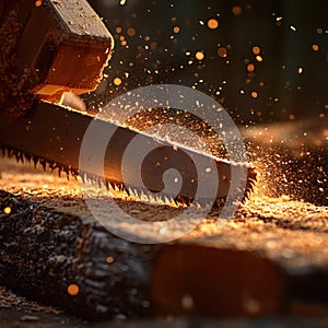 Chainsaw cutting wood, sparks flying. Close-up view of a chainsaw blade slicing through a log, creating a shower of sparks. The photo
