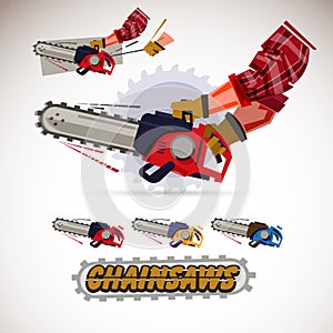 Chainsaw holding by male arms . hand pulling sling to start engine. set of chainsaws with typographic design- vector