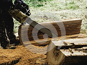 Chainsaw in movement cutting wood.