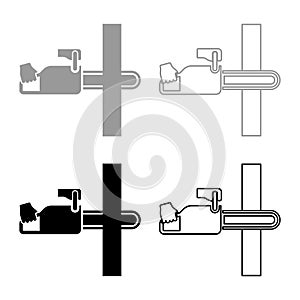 Chainsaw sawing board woodchopper concept lumberjack arborist cutting deforestation prunes sprinking set icon grey black color