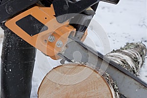 Chainsaw sawing logs birch