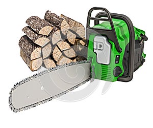 Chainsaw with stack of firewood, 3D rendering