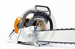 Chainsaw. On white background. Tire, chainsaw chain. Woodworking tool.