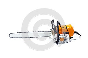 Chainsaw. On white background. Tire, chainsaw chain. Woodworking tool.